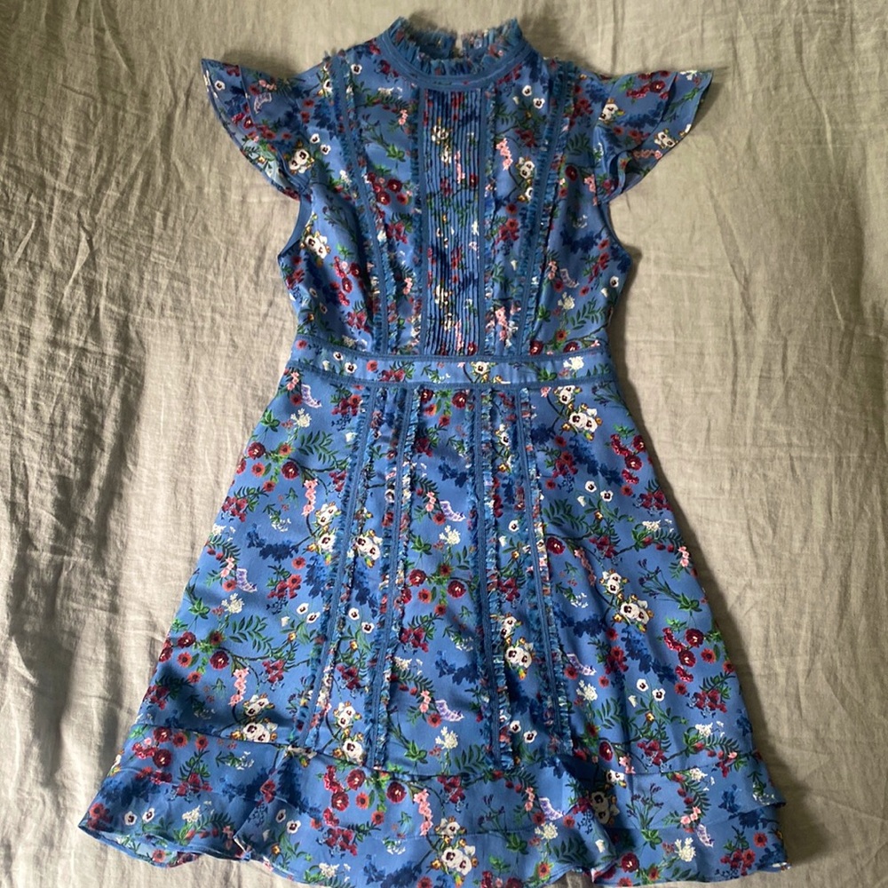Alice + Olivia Blue Floral Mock Neck Mini Dress - The Marta - 100% Silk
